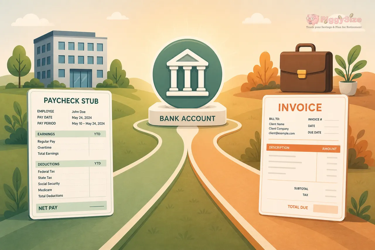 Two diverging paths converge at a central bank icon: the left path shows a paycheck stub and office building in green tones, while the right path displays an invoice and briefcase in orange tones, against a soft, illustrated landscape.