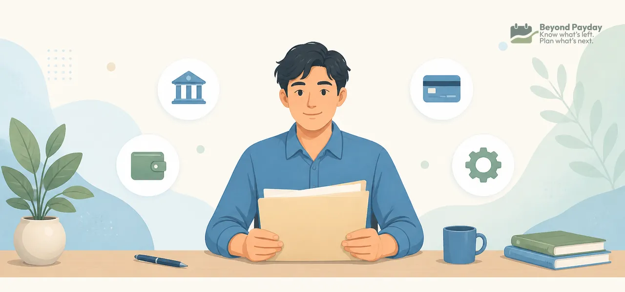 Man in blue shirt holding a document at desk surrounded by financial icons including bank, credit card, wallet, and plants in a calm, organized workspace.