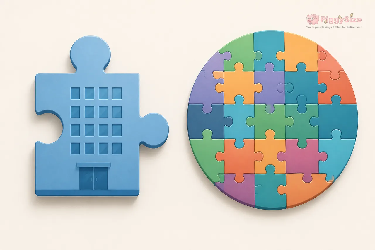 Blue building-shaped puzzle piece on left stands beside a colorful circular puzzle made of many interconnected pieces in blue, green, orange, and purple tones on a cream background.