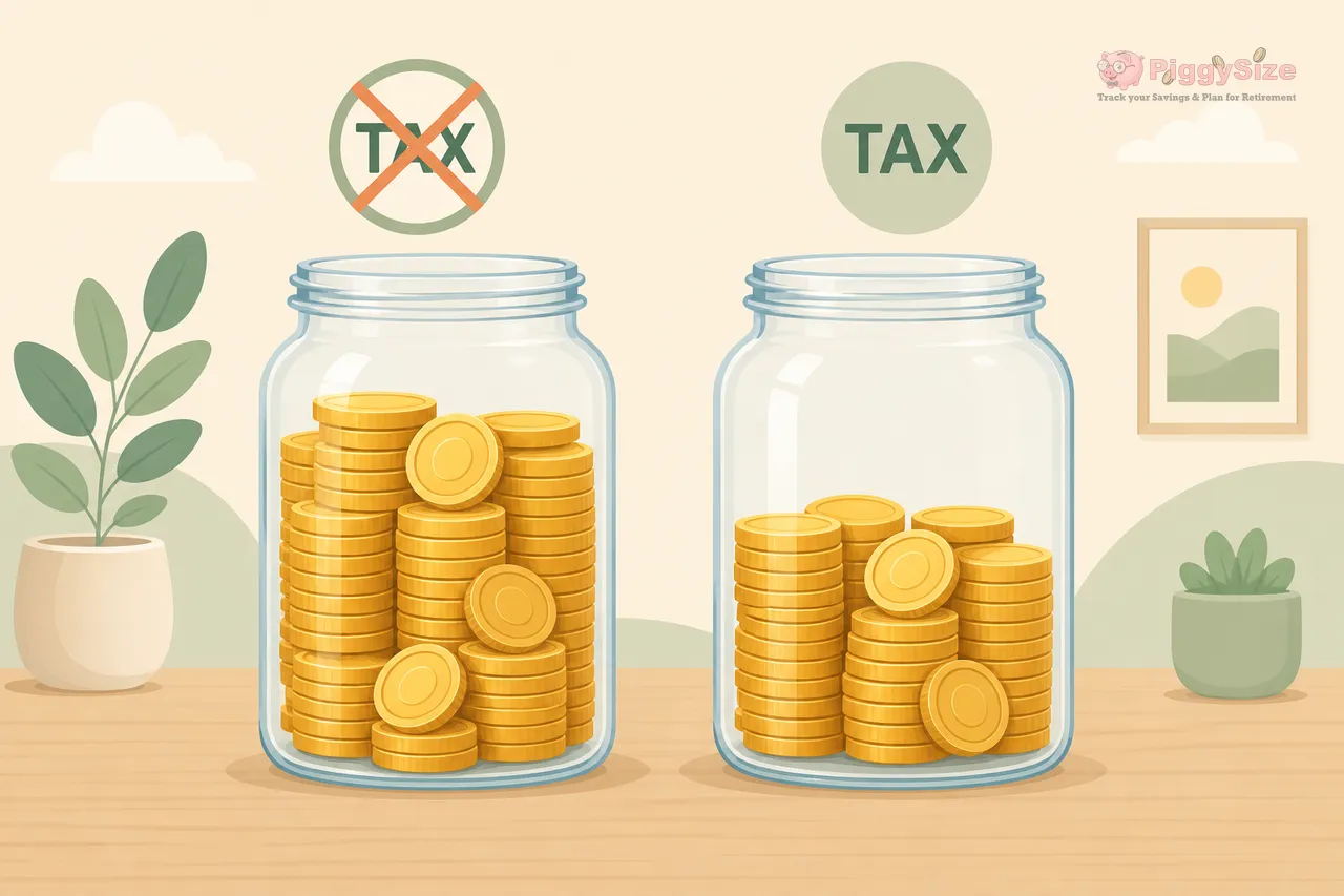 Two glass jars filled with gold coins sit on a wooden surface against a soft beige background, with the left jar marked with a crossed-out tax symbol filling higher than the right jar marked with a tax symbol.