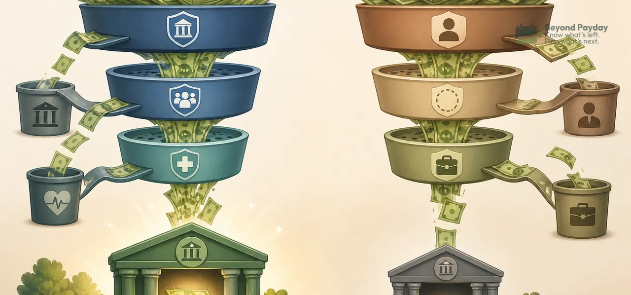 Two stacked bowl fountains overflow with dollar bills—one blue labeled with banking icons, one brown with business icons—showing different money flows from a classical building foundation below each.
