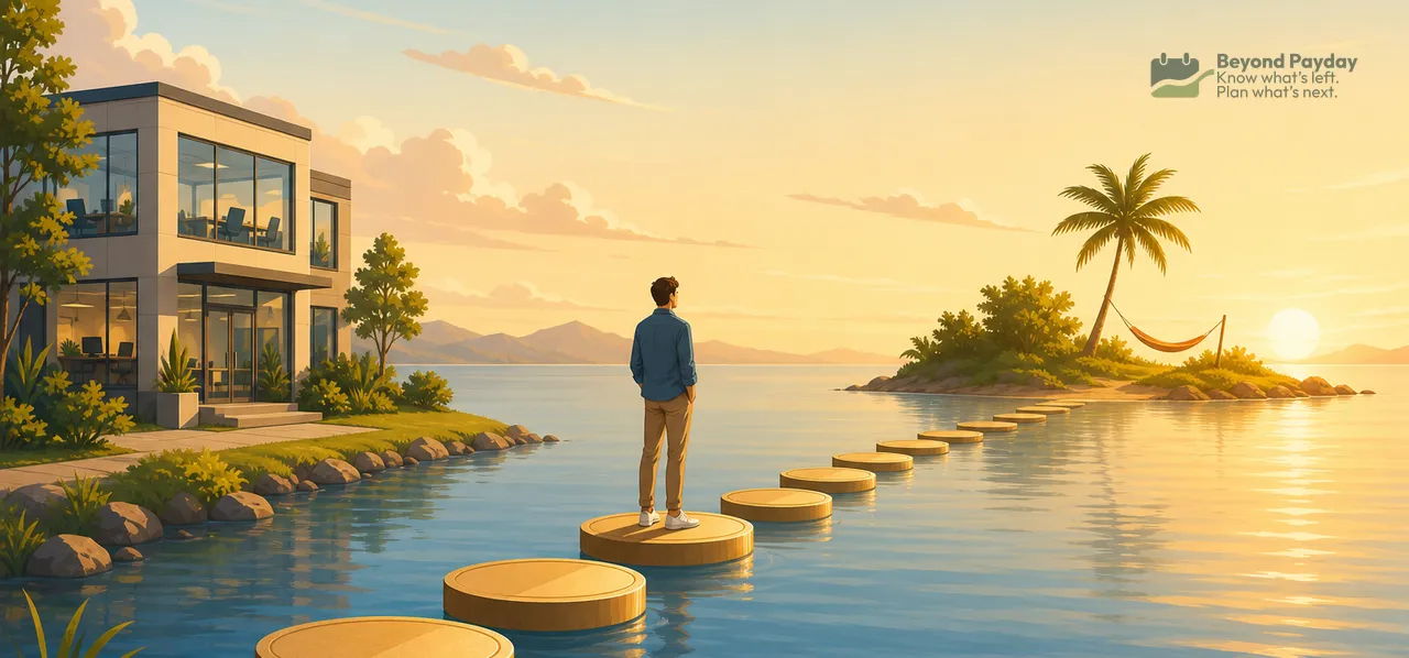Person standing on circular stepping stones in calm water, gazing toward a tropical island at sunset, with a modern waterfront house on the left shore.