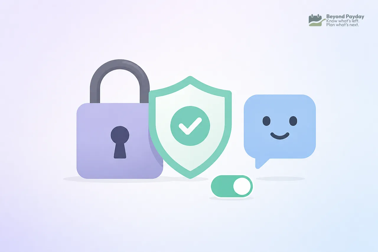 A purple padlock, green shield with checkmark, blue smiling chat bubble, and teal toggle switch arranged on a gradient background, representing digital security and privacy settings.