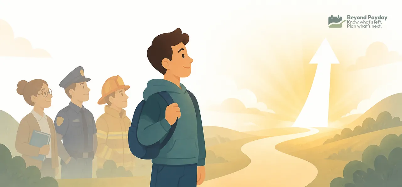 A man in a dark jacket stands on a winding path gazing toward a bright horizon, while three figures walk behind him in a golden, misty landscape.
