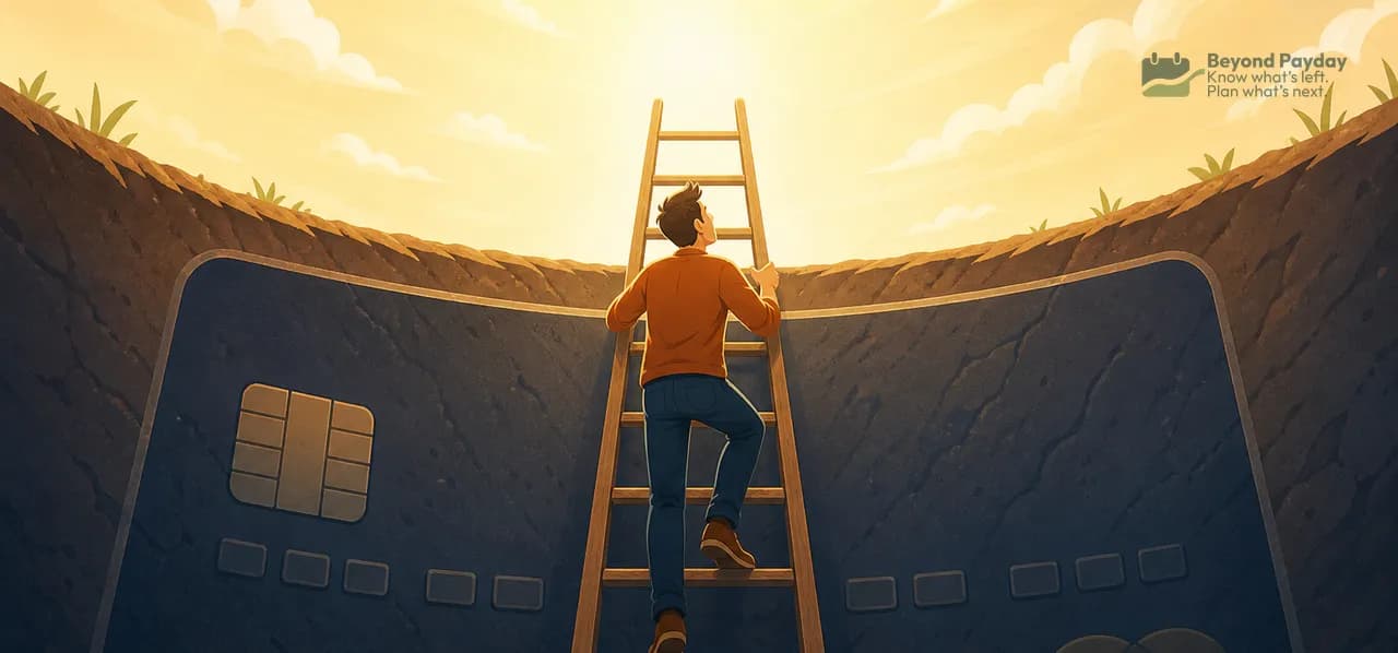 Person in orange shirt climbing a wooden ladder out of a deep pit formed by two large credit cards, reaching toward a bright yellow sky.