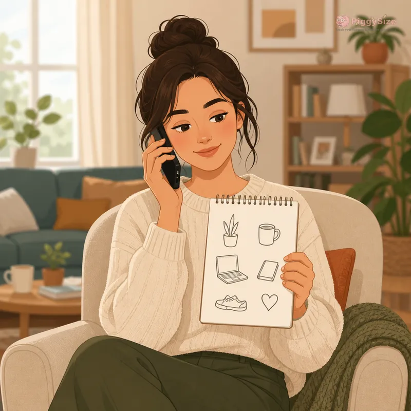 Woman sitting in a cozy living room armchair, talking on a phone while holding a notepad with simple sketched items, smiling contentedly with warm-toned décor and potted plants in the background.