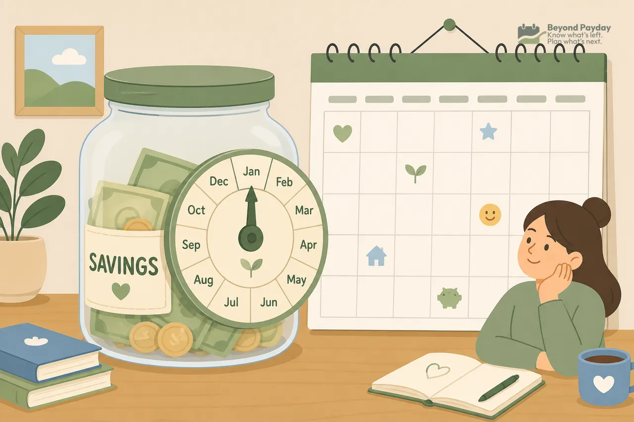 Woman at desk planning monthly savings with a jar displaying a twelve-month dial gauge and calendar marked with spending symbols.