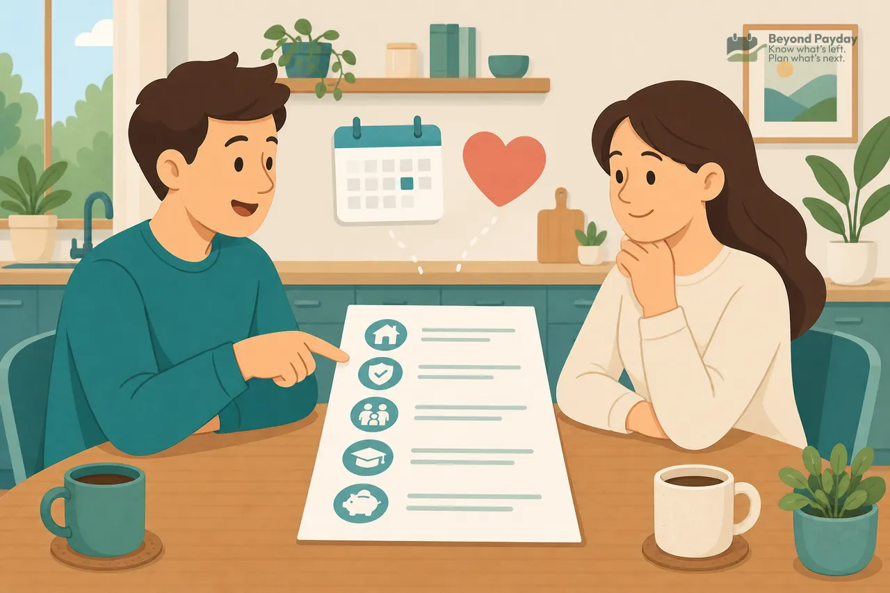 Two people sit at a wooden table reviewing a financial document together, with one pointing at it, surrounded by plants, coffee mugs, and a calendar with a heart icon above.