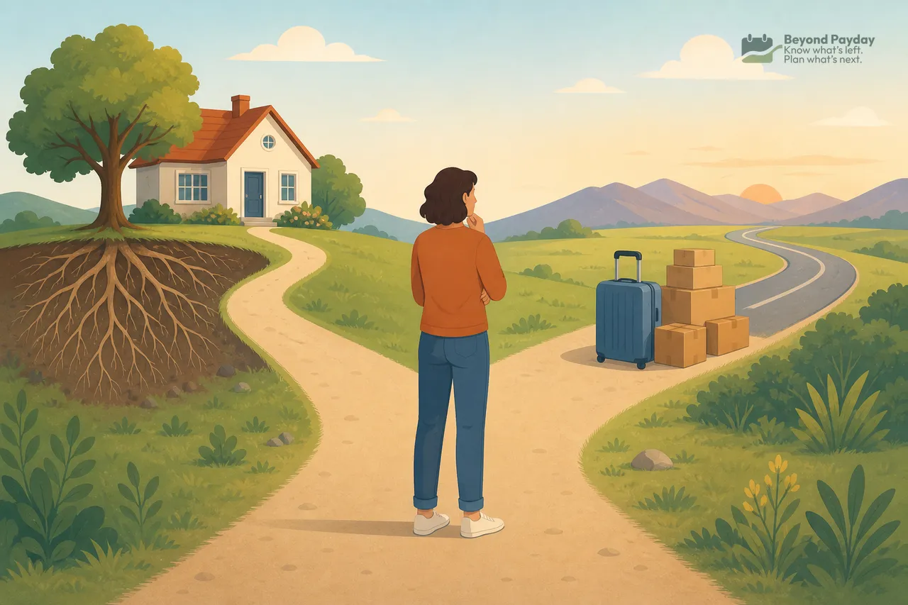 Person in orange shirt standing at a crossroads with one path leading to a rooted house on the left, and another path with a suitcase and moving boxes stretching toward distant mountains on the right.