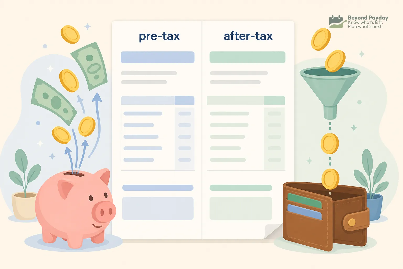 A split-screen illustration comparing pre-tax and after-tax income: left side shows coins and bills flowing into a pink piggy bank surrounded by plants, while the right side depicts coins filtering through a green funnel into a brown wallet.