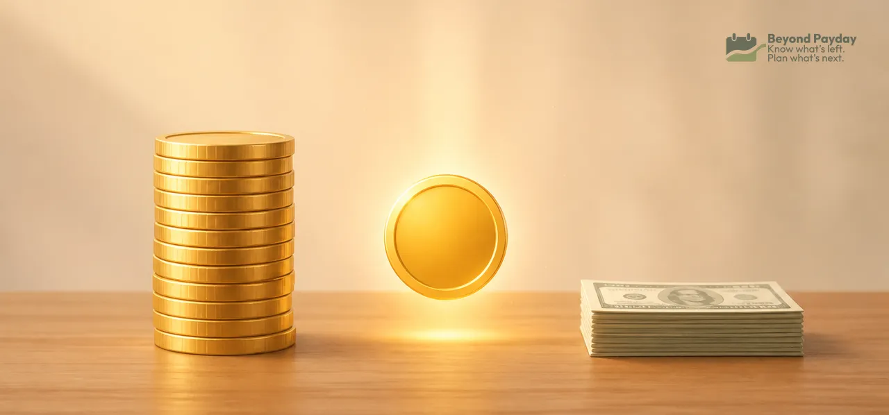 Stack of gold coins on the left, a glowing gold coin in the center, and a pile of dollar bills on the right, arranged on a wooden surface against a warm beige background.