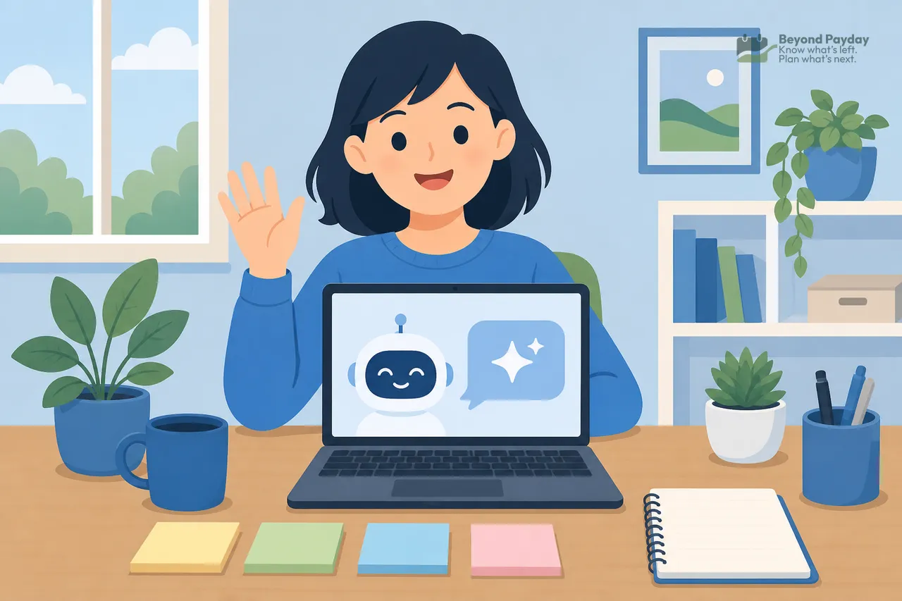Smiling woman at wooden desk waving at laptop screen displaying a chatbot icon with speech bubble and sparkle, surrounded by potted plants, sticky notes, and a notebook.