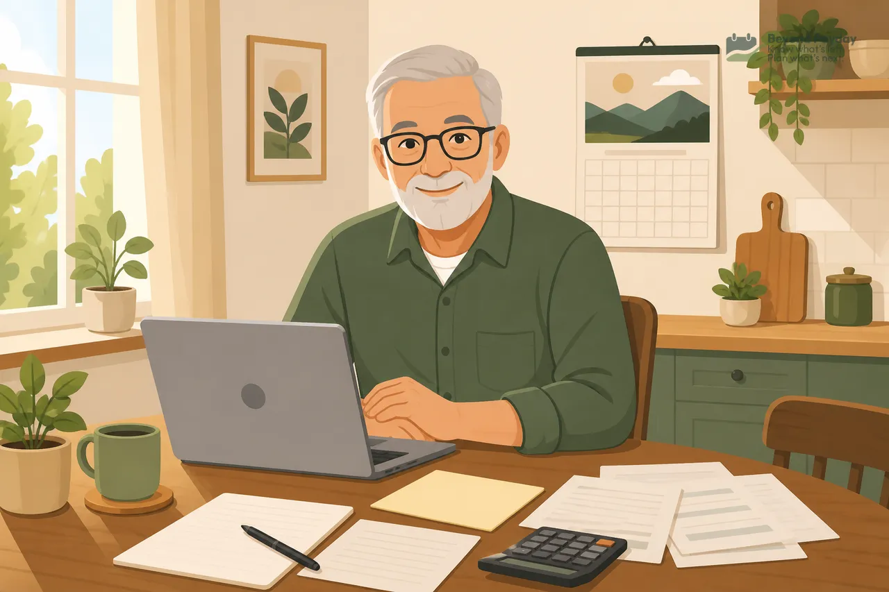 Older man with gray hair and glasses sits at a wooden table with a laptop, calculator, and financial papers, surrounded by potted plants in a sunlit home office.