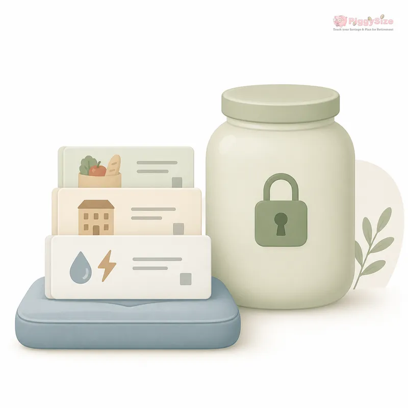 Stack of three bill cards showing groceries, housing, and utilities resting on a blue cushion, with a large cream jar sealed by a green padlock representing savings positioned beside it.