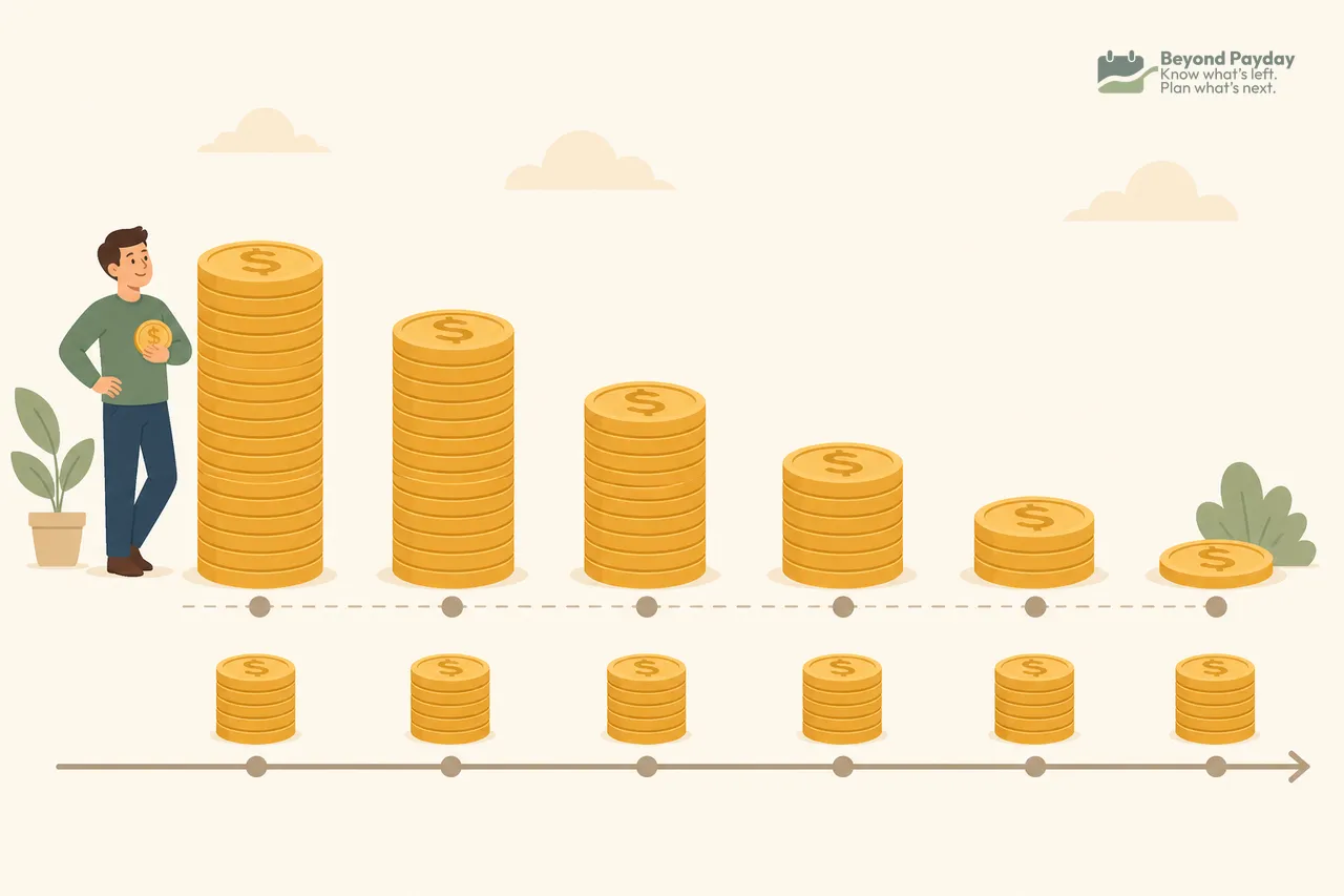 A person stands beside a descending timeline of coin stacks that gradually shrink, while below it runs a parallel line of consistently sized coin stacks, illustrating diminishing versus steady payments over time.