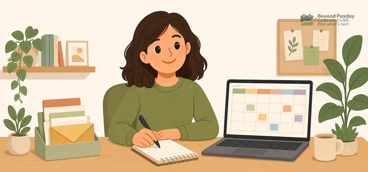 Woman in olive sweater sits at wooden desk writing in a notebook, surrounded by a laptop displaying a colorful grid, potted plants, stacked papers, and organizational items on shelves.