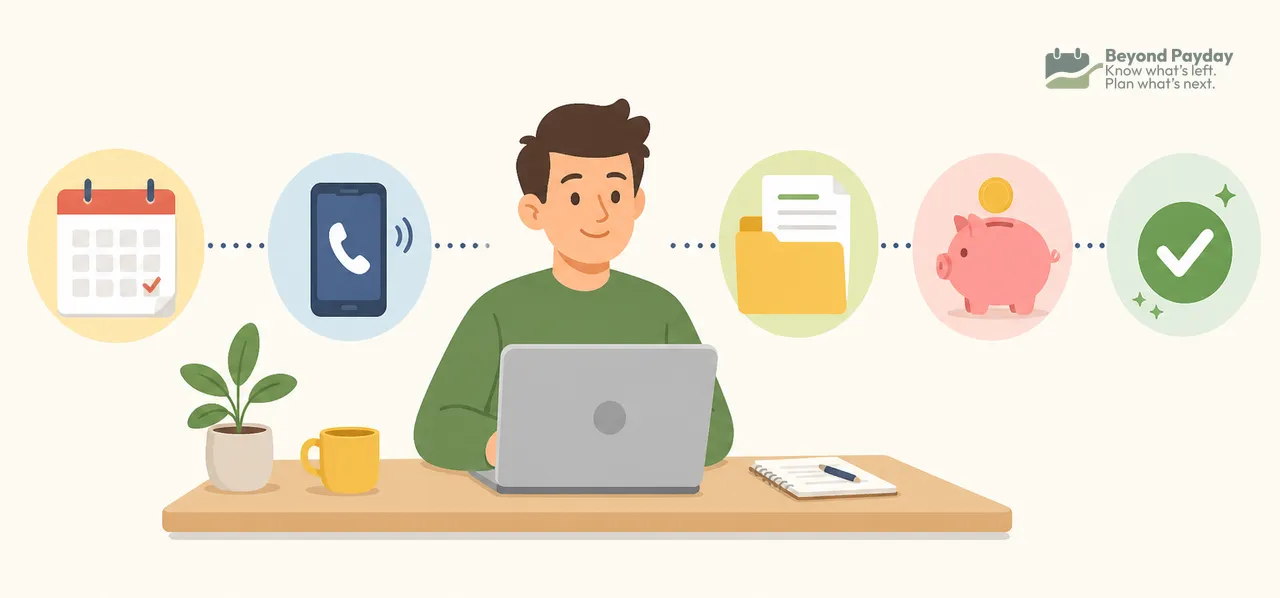 Man at laptop surrounded by icons representing calendar, phone call, documents, piggy bank, and checkmark, symbolizing financial planning steps after job loss.