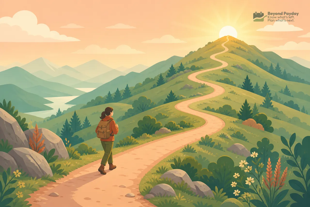 A hiker in a brown jacket walks along a winding dirt path through rolling hills with evergreen trees, boulders, and wildflowers, with a golden sunrise glowing over distant mountains.