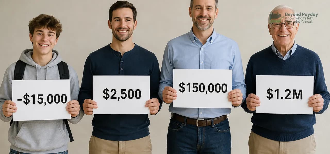 Four men of different ages hold signs displaying varying dollar amounts, illustrating financial differences across generations or income levels.