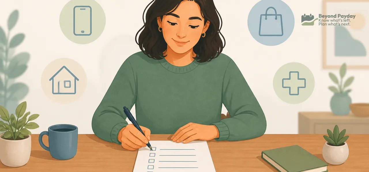 Woman with dark wavy hair in a green sweater writes on a checklist at a wooden desk surrounded by potted plants, a mug, notebook, and icons for home, phone, shopping bag, and medical services.