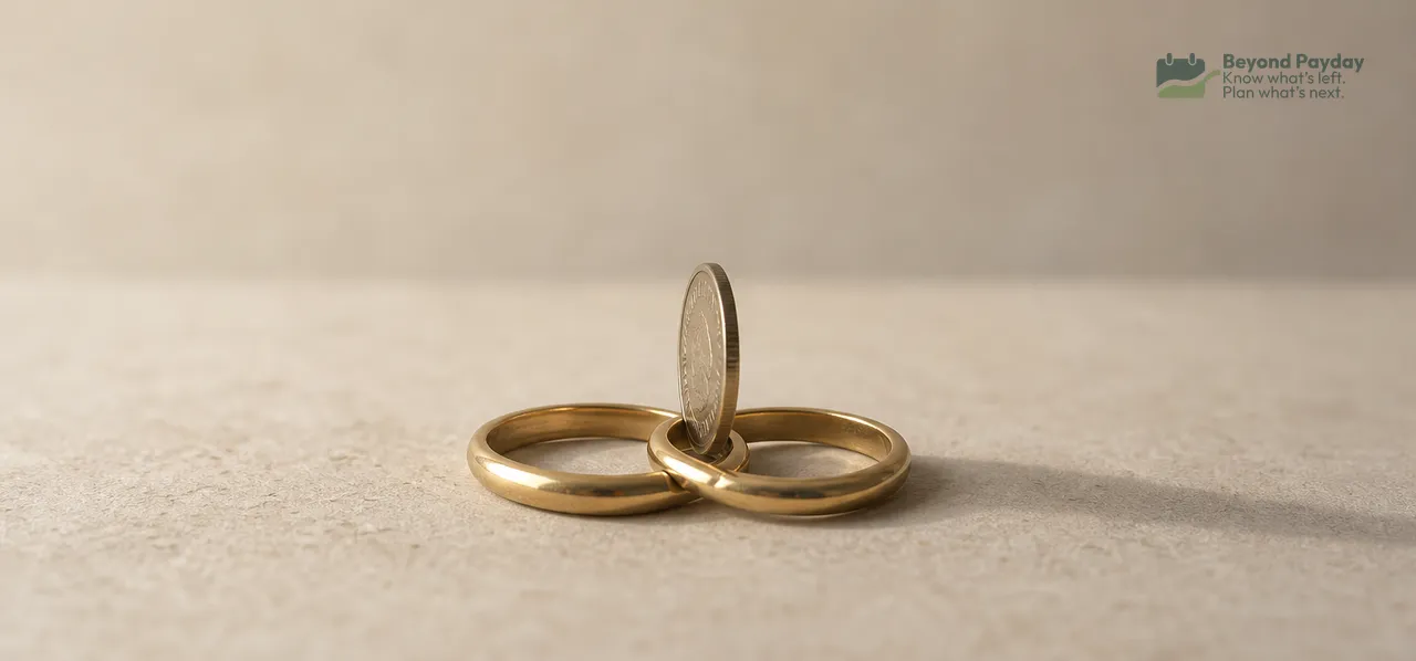 Two gold wedding bands arranged together on a neutral surface with a silver coin balanced upright between them.