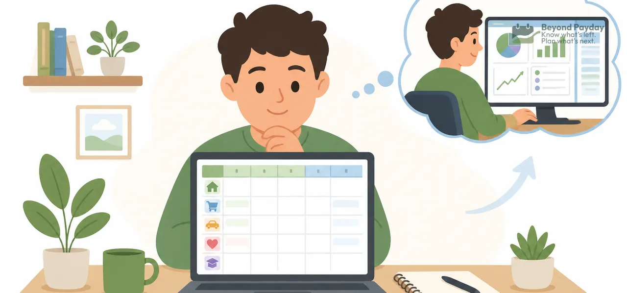 Person at desk with laptop displaying a budget spreadsheet, with a thought bubble showing data analytics dashboard, surrounded by plants and office supplies.