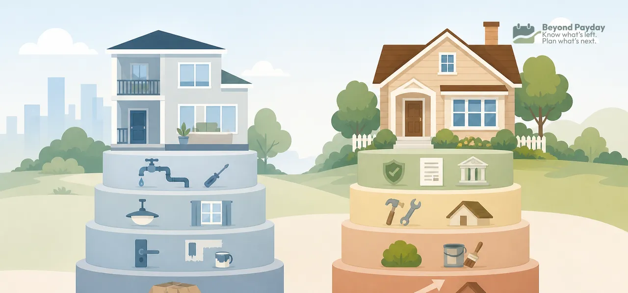 Two houses side by side with visible cross-sections showing interior layouts, plumbing, and appliances, representing the hidden costs and components of renting versus buying.