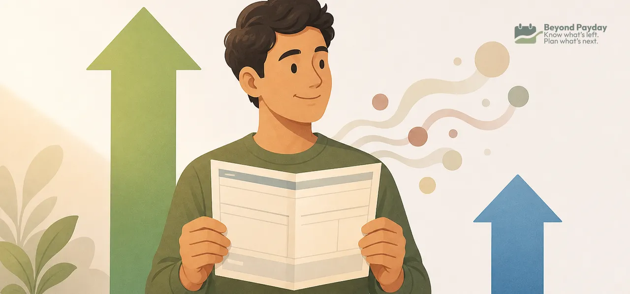 A man in a green shirt holds an open newspaper while standing between two upward-pointing arrows, with scattered circular elements floating to the right and a potted plant to the left.