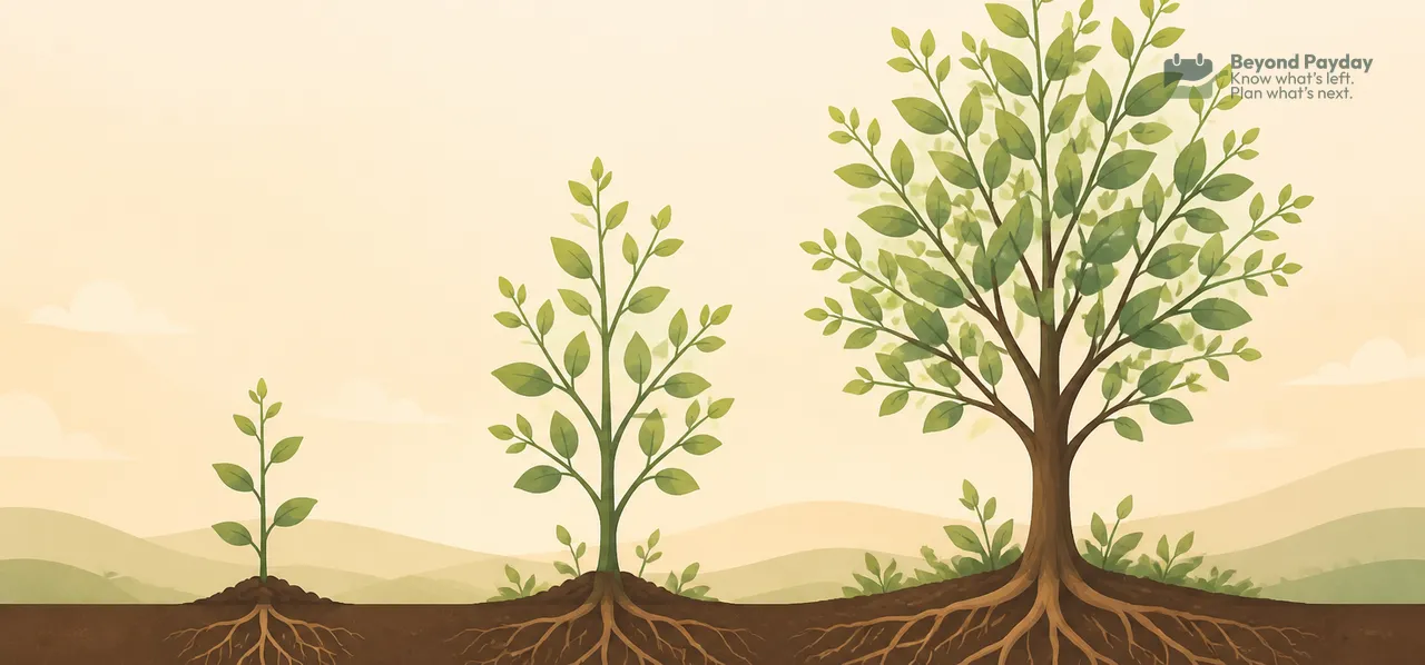 Three trees of increasing size with visible root systems grow from brown soil against a beige sky, illustrating growth stages over time.