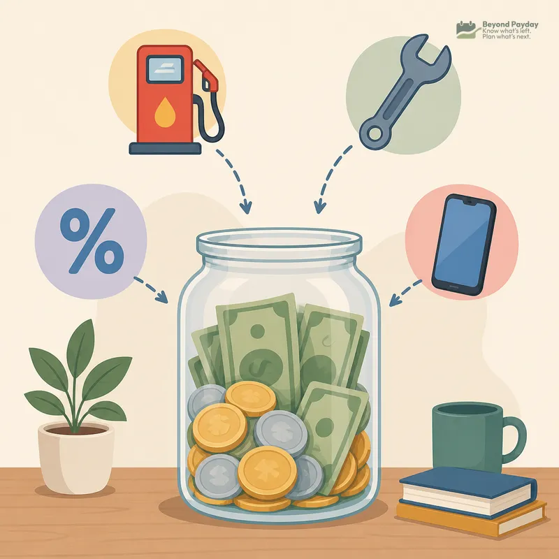 A glass jar filled with cash and coins surrounded by icons for gas pump, wrench, percentage sign, smartphone, plant, and coffee mug on a wooden surface.