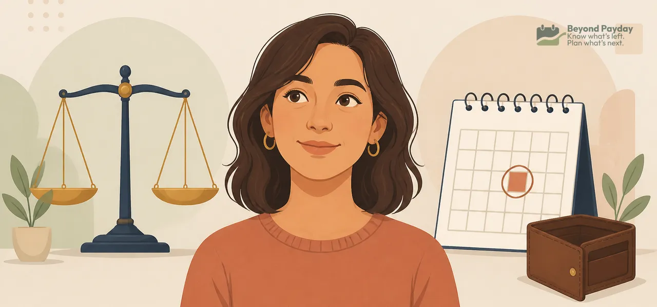Woman standing between a balance scale and a calendar with a brown box