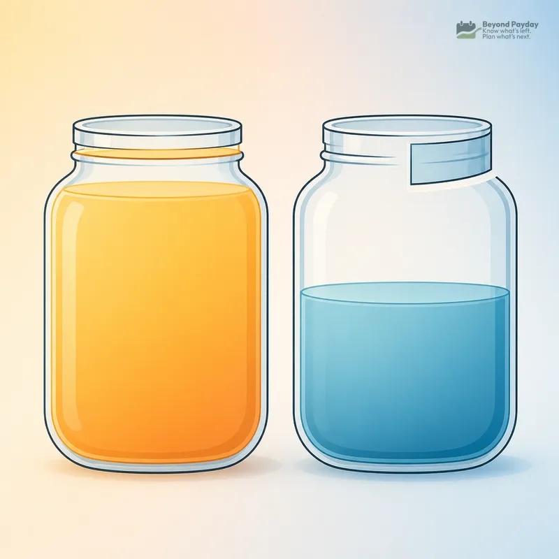 Two glass jars side by side: one filled with golden-yellow liquid with a thin sliver removed from the top, the other filled with blue liquid with a much larger portion removed, illustrating fee comparison.