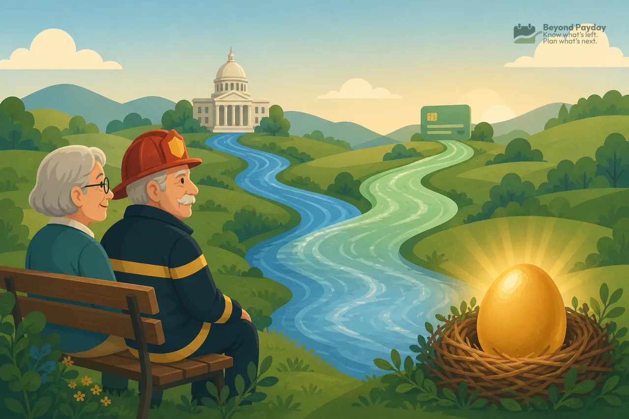 An older woman and man sit on a bench overlooking a pastoral valley with rolling green hills, a blue river, and a distant government building, while a golden egg rests in a nest at the foreground.