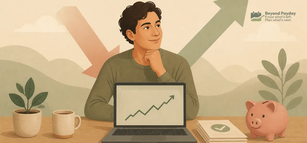 Man at desk with laptop showing upward trend chart, flanked by conflicting up and down arrows, surrounded by plants, coffee cup, piggy bank, and notebook on warm beige background.