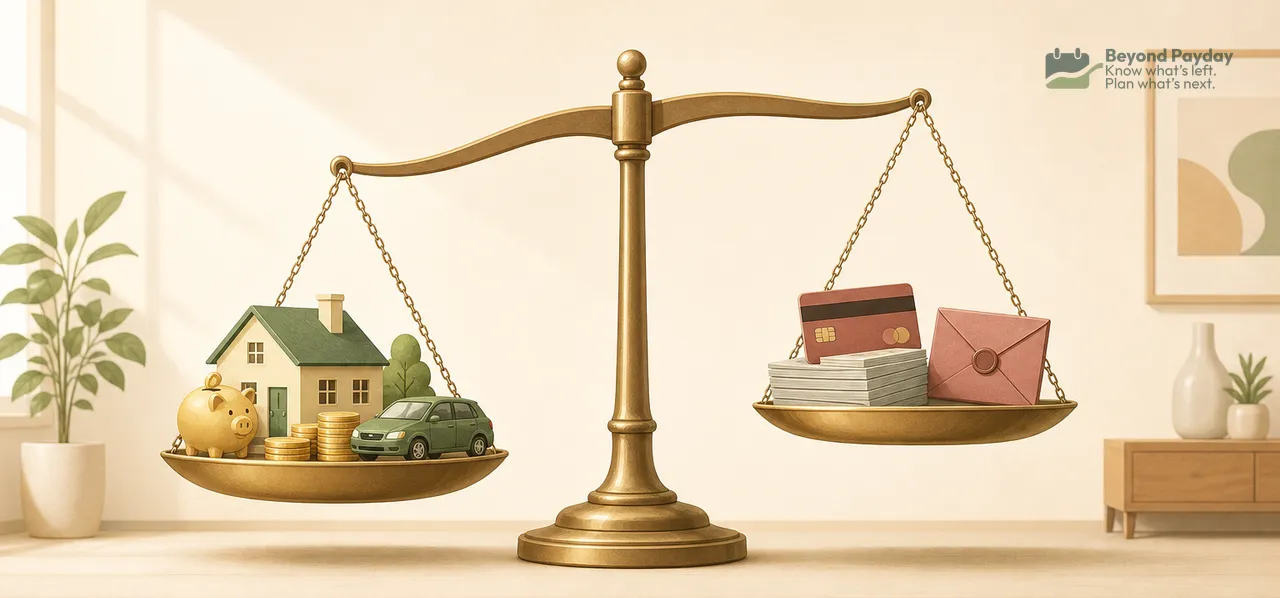 Brass balance scale with a house, piggy bank, and car on the left pan outweighing a credit card, envelope, and cash on the right pan, symbolizing financial assets versus debt.