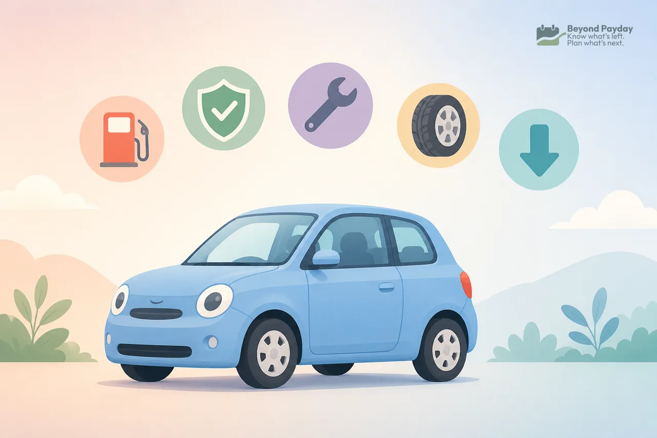 Blue compact car surrounded by five colored icons representing fuel, insurance, maintenance, tires, and depreciation against a soft pastel landscape.