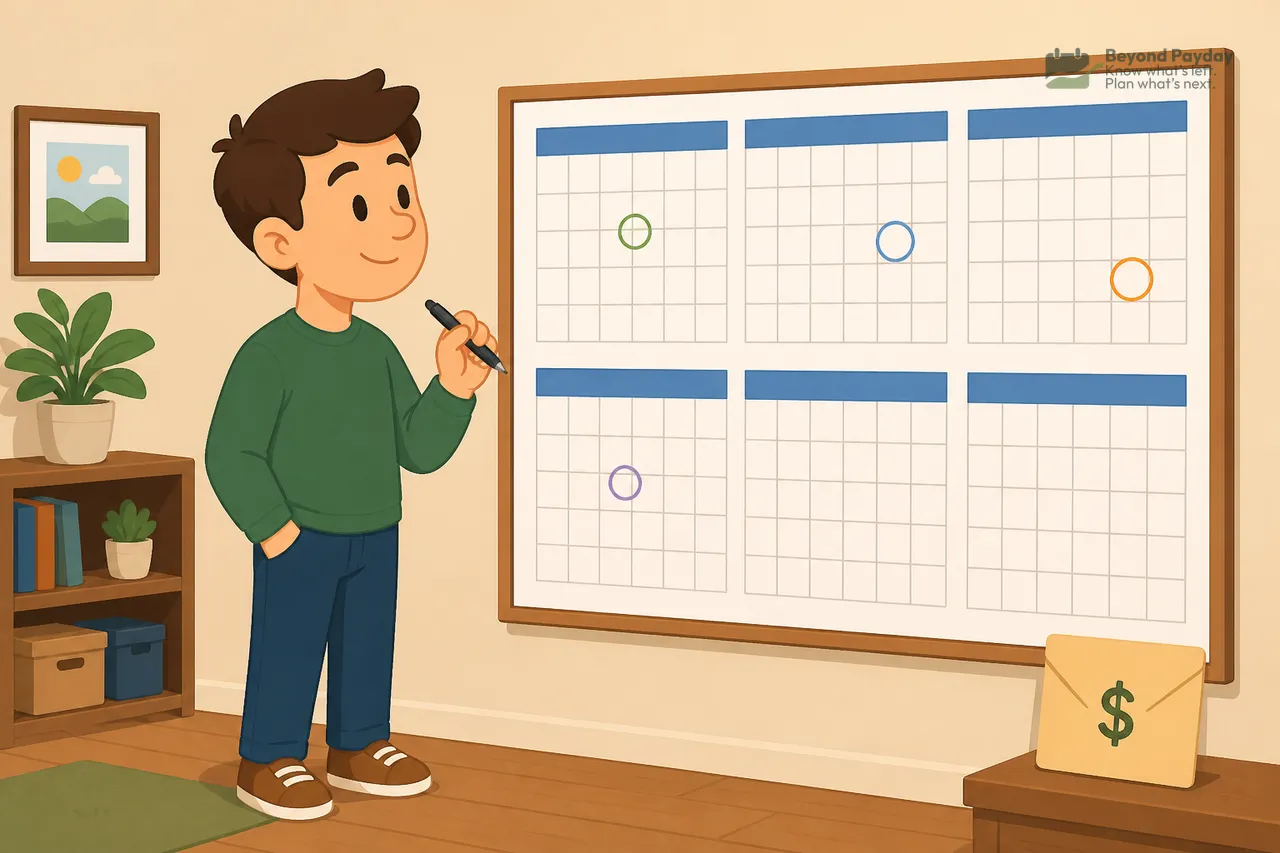 Man in green sweater holding a pen, standing in front of a wall calendar with grid layout and blue header bars, with a dollar sign envelope on the desk below.