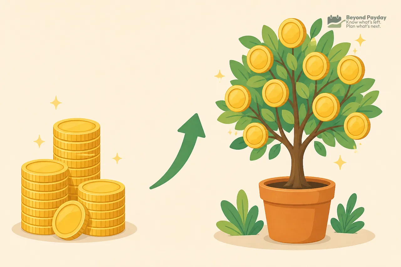 Stacked gold coins on the left with an upward arrow leading to a potted tree bearing gold coins, symbolizing investment growth on a cream background.