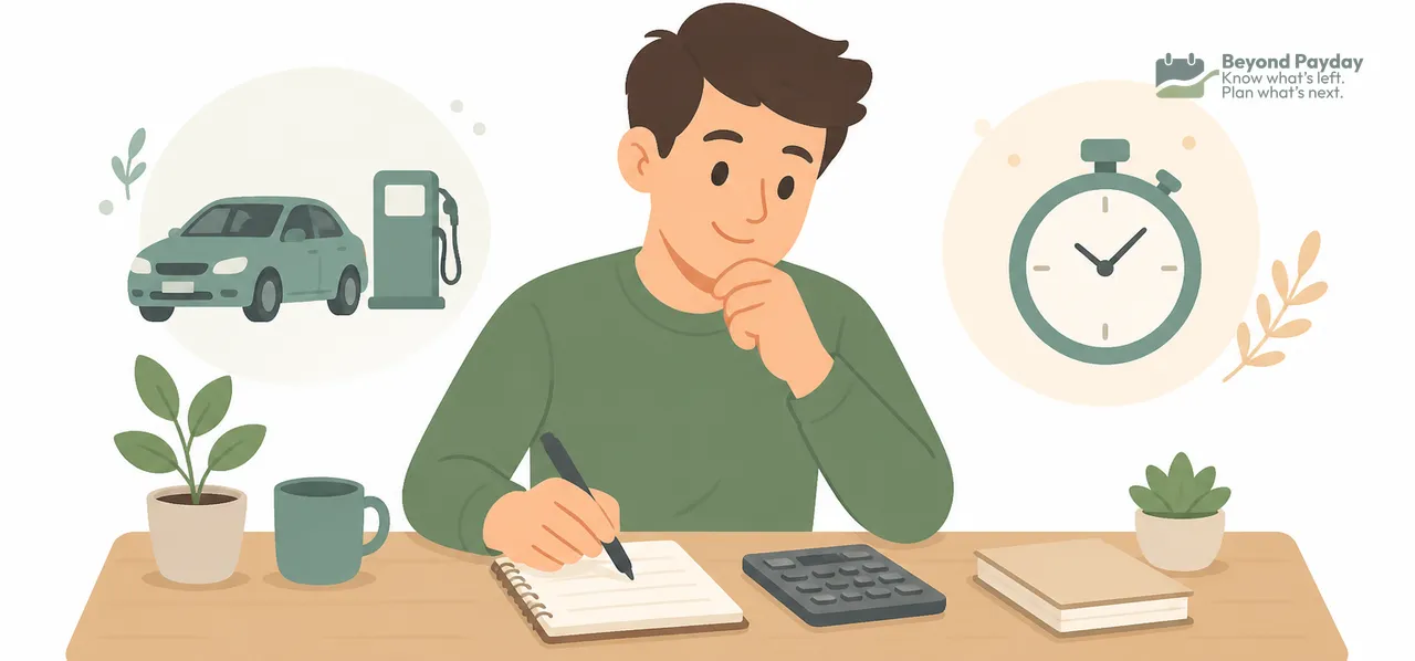 Man in green shirt sits thoughtfully at desk with notebook and calculator, surrounded by icons representing a car at gas pump, stopwatch, potted plant, and coffee mug.