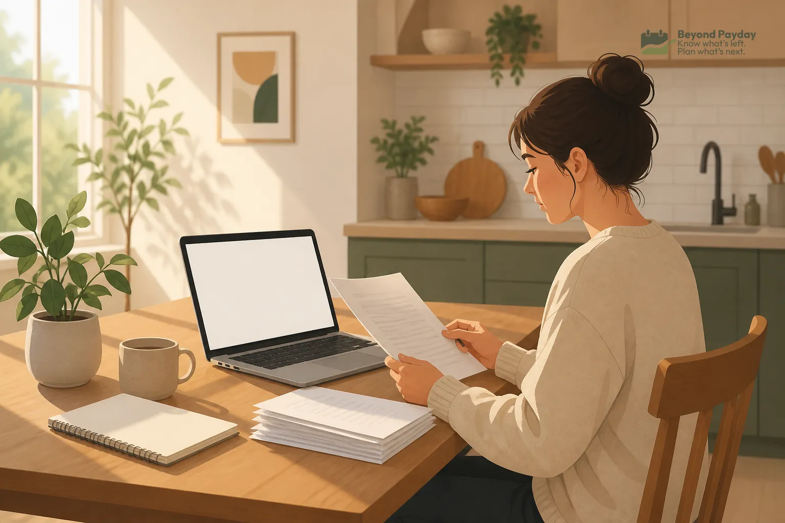 Woman with dark hair in a bun sits at a wooden kitchen table reviewing documents while working on a laptop, with a notebook and potted plant nearby in a sunlit, minimalist space.