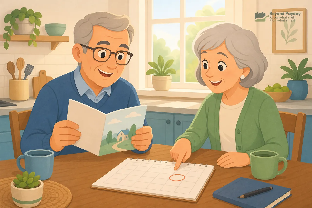 An older couple sits at a wooden kitchen table smiling while reviewing papers together, with the man holding a document and the woman pointing at a notepad, surrounded by potted plants and coffee mugs in a bright, plant-filled kitchen.