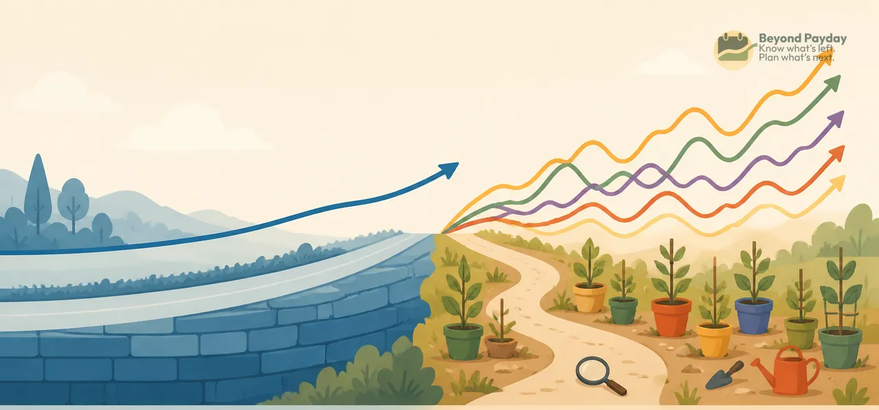 Left side shows a city skyline with a curved upward arrow over water; right side depicts a garden with multiple potted plants, a magnifying glass, and several rising trend lines in different colors.