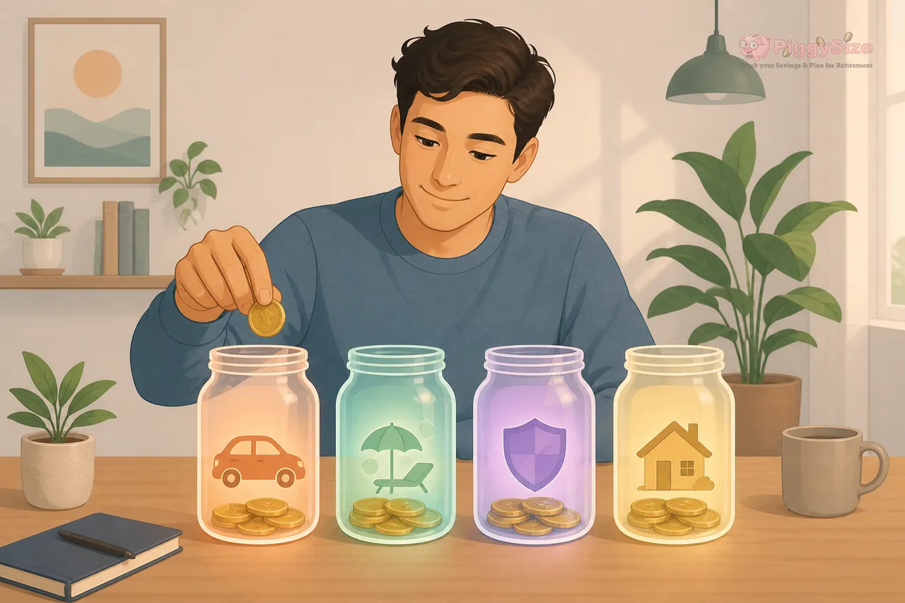 Person dropping coins into four glowing glass jars labeled with icons for car, umbrella, shield, and house, sitting at a wooden desk in a calm, plant-filled room.