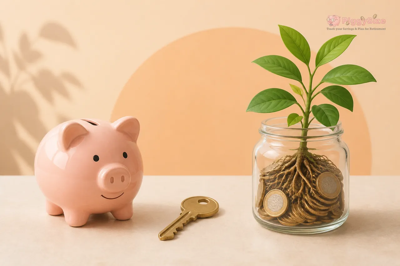 Pink piggy bank beside a brass key and a glass jar filled with coins and soil, sprouting a green plant with visible roots against a warm beige background.