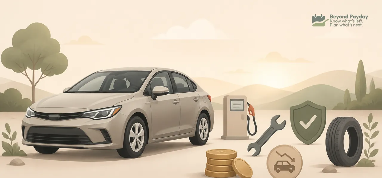 Light beige illustration showing a sedan parked next to icons representing car ownership costs: a gas pump, wrench, tire, stacked coins, shield, and car maintenance symbol, with trees and mountains in the background.