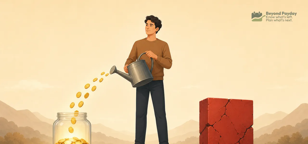 Man in brown shirt watering golden coins falling into a glass jar, with a cracked red brick wall beside him against a misty mountain landscape.