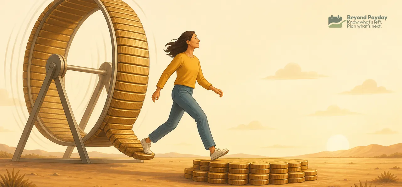 Woman running inside a large wooden hamster wheel in a desert landscape, with stacked coins beneath her, symbolizing the effort needed to build wealth and savings.