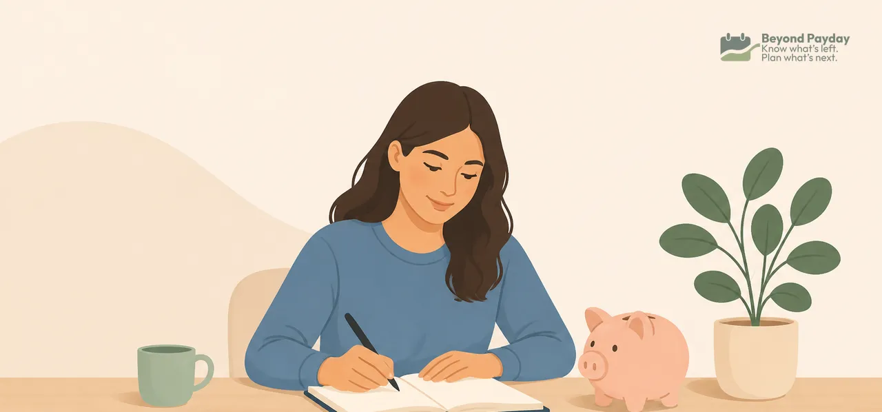 Woman writing in a notebook at a wooden desk with a potted plant, piggy bank, and coffee mug in a warm, minimalist setting.