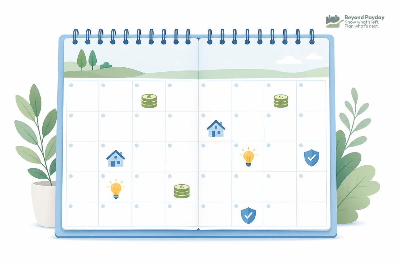 Spiral-bound calendar page with scattered icons for money, bills, and home expenses marking different days, flanked by potted plants in soft blue and green tones.