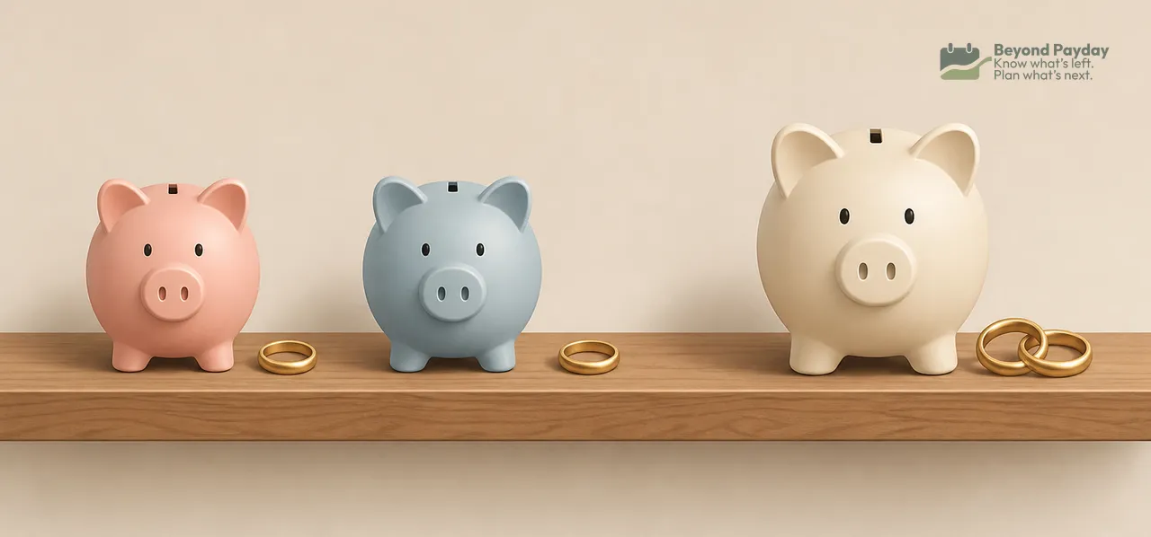 Three ceramic piggy banks in pink, blue, and cream sit on a wooden shelf with gold rings beside them, representing savings growth and financial planning.